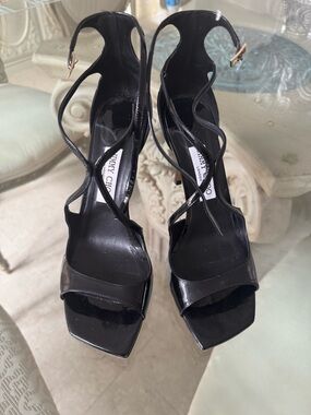 Jimmy Choo Black Patent Leather Strappy Heels with Ankle Buckle